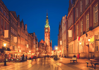 Long street at Old town of Gdansk at night, Poland, retro toned