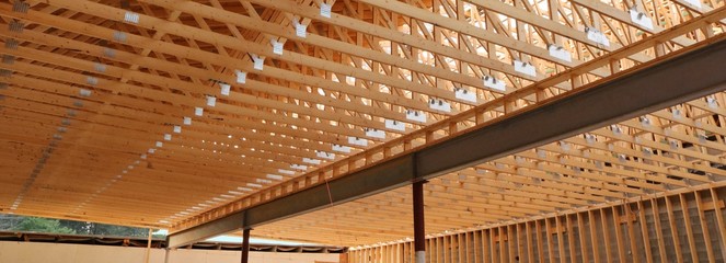 interior view of new roof being built for a large building - 220150645