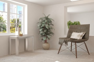 Idea of white room with armchair and summer landscape in window. Scandinavian interior design. 3D illustration