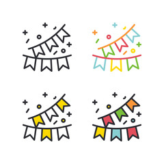 Festive flags on ropes flat simple line icons set.