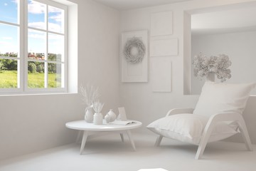 White room with armchair and green landscape in window. Scandinavian interior design. 3D illustration