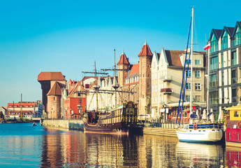 Old town waterfront over Motlawa, Gdansk , Poland, retro toned