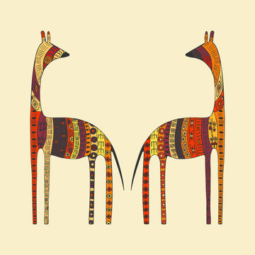 Giraffe in the African ethnic patterns. Hand drawn colorful African background. 