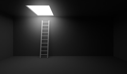 3d rendering stairs leading to the exit light window in the ceiling.