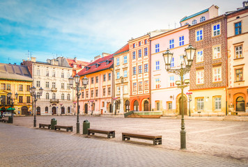 Fototapeta old town square Maly Rynek in old town of Krakow, Poland, retro toned obraz