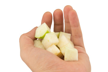 guava fruit cube hold hand isolated on white background