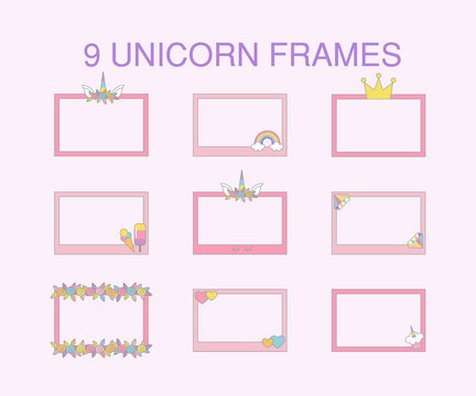 9 unicorn flat frames, typographic vector design for greeting, birthday, invitation card. Unicorn, rainbow, crown, diamond, flowers, sweets, hearts and other objects with light pink background.