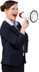 Businesswoman Shouting Through a Megaphone with Hand on Hip -