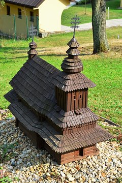 Model of greek catholic wooden church of Archangel Michael from village Rusky Potok, eastern Slovakia, Snina District, scale 1:10. Original was built in year 1740