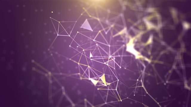 Plexus of abstract violet geometrical lines with moving triangles and dots ?n a black background animations.
