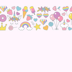 Unicorn objects flat vector design for greeting, birthday, invitation card, with place for text. Unicorn, rainbow, sweets, stars, balloons,crown and other objects with light pink background.