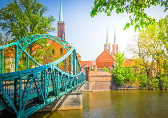 old town of Wroclaw - bridge to island Tumski, Poland, retro toned