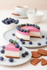 The two-color blueberry mini cheese cake. Round no bake cheesecake, cut portion on small plate with few cookies in the focus. The top of cake decorated by rosemary herbs. White table.