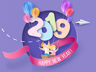 2019 New Year design card with kids on purple background. Vector illustration. Paper cut and craft style.