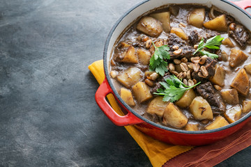 Potato and beef stew in spicy coconut gravy, thai cuisine, copy space