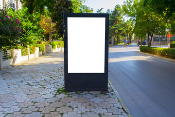 Vertical blank billboard with copy space for your text message or content, outdoors advertising mock up, public information board on city road. Empty Lightbox on urban setting sidelines © batuhan toker