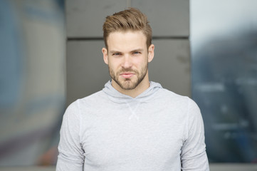 He radiates confidence. Guy bearded attractive care style and appearance. Man with bristle strict...