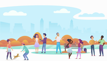 Obraz na płótnie Canvas People playing with pets, talking and walking in a beautiful urban public park with modern city skyline on the background. Trendy gradient color vector illustration.