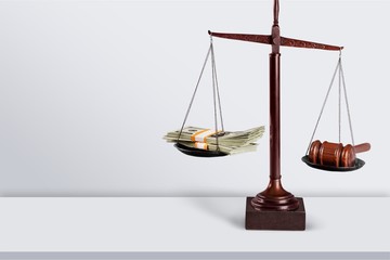 Law scales on table, close-up view