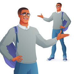 Smiling college student in eyeglasses presenting. Isolated vector illustration.