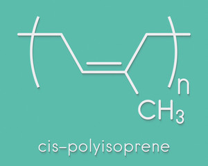 Natural rubber (cis-1,4-polyisoprene), chemical structure. Used to manufacture surgeons' gloves, condoms, boots, car tires, etc. Skeletal formula.