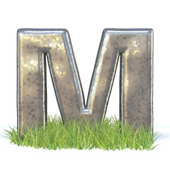 Galvanized metal font Letter M in grass 3D