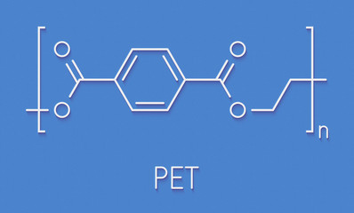 Polyethylene terephthalate (PET, PETE) polyester plastic, chemical structure. Mainly used in synthetic fibers and plastic bottles. Skeletal formula.