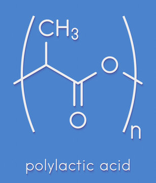 Polylactic acid (PLA, polylactide) bioplastic, chemical structure. Compostable polymer used in medical implants, 3D printing, packaging materials, etc. Skeletal formula.