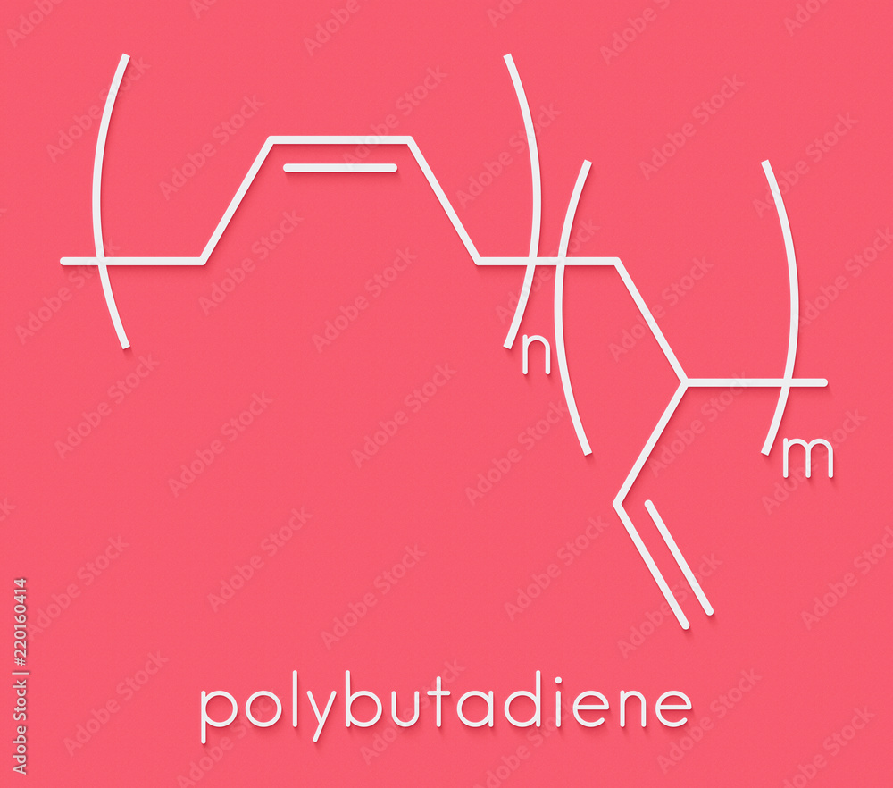 Poster polybutadiene (butadiene rubber) polymer, chemical structure. used in manufacture of tires, golf bal