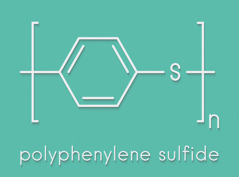 Polyphenylene sulfide (PPS) polymer, chemical structure. Commonly used engineering plastic. Skeletal formula.