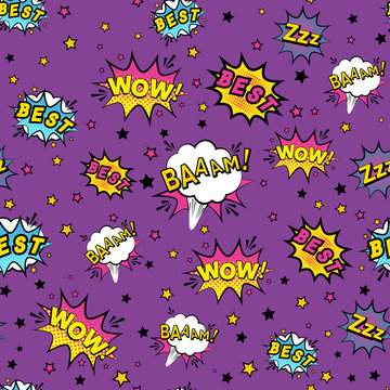 Abstract seamless patch pattern for girls, boys, clothes. Creative vector patch background with stickers, speach bubble. Funny bubble patch pattern wallpaper for textile. Fashion pattern pop art style