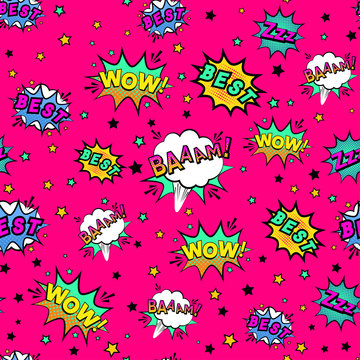 Abstract seamless patch pattern for girls, boys, clothes. Creative vector patch background with stickers, speach bubble. Funny bubble patch pattern wallpaper for textile. Fashion pattern pop art style