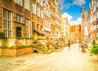 Architecture of Mariacka street in old town of Gdansk, Poland, retro toned
