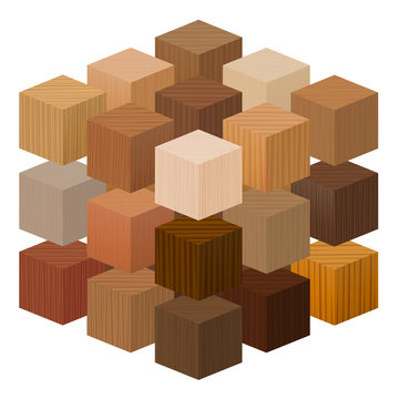 Wooden cubes forming a big artistic carpentry artwork - wood samples with different textures, colors, glazes, from various trees - vector on white background.