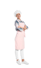 Female chef in apron on white background
