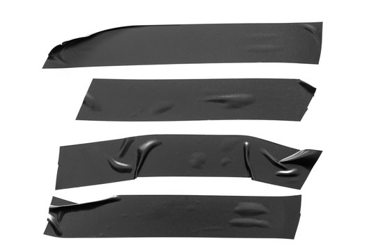 Set Of Black Tapes On White Background. Torn Horizontal And Different Size Black Sticky Tape, Adhesive Pieces.