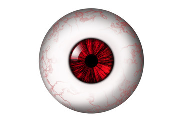 Human eyeball with red veins and red iris on a white background. Bitmap illustration