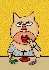 Female cat drinking coffee
