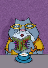 Female cat is reading a book about dogs