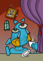 Cat is drinking coffee in an illustration with Picasso style - obrazy, fototapety, plakaty