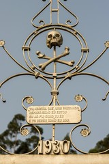 Warning. Manufacture from metal, wrought iron. Door.