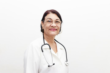 Fototapeta premium Portrait of senior Brazilian woman doctor with stethoscope