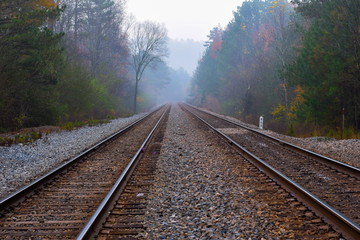 Fototapeta na wymiar Railroad Track on a Foggy Fall Day