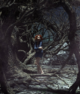 Girl lost in the haunted forest,3d rendering for book cover or book illustration