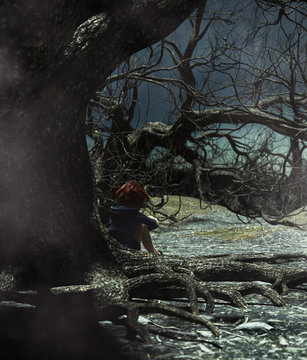 Girl sitting in the woods alone or lost in the haunted forest,3d rendering for book cover or book illustration