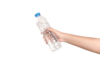 Young woman hand holding water bottle isolated on white background.