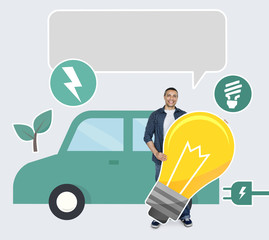 Happy man holding an energy saving icon