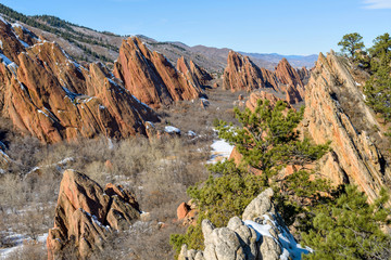 Red Rock Fountain Formations - Winter view of red sandstone fountain formations in Roxborough State Park at southwest of Denver, Colorado, USA.