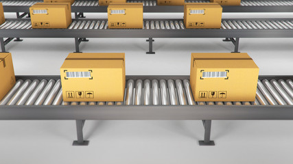 Boxes on conveyor roller. 3D Rendering