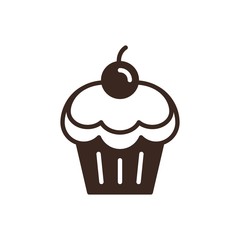 Cherry cupcake linear style icon. Dessert and sweets outline web pictogram. Pastry shop logo isolated on white background. Cafe and restaurant menu design element. Bakery product vector illustration.